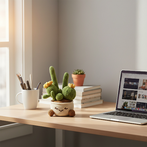 handmade crocheted cactus in pot with yellow flowers handmade crocheted cactus in pot with yellow flowers