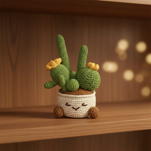 handmade crocheted cactus in pot with yellow flowers handmade crocheted cactus in pot with yellow flowers