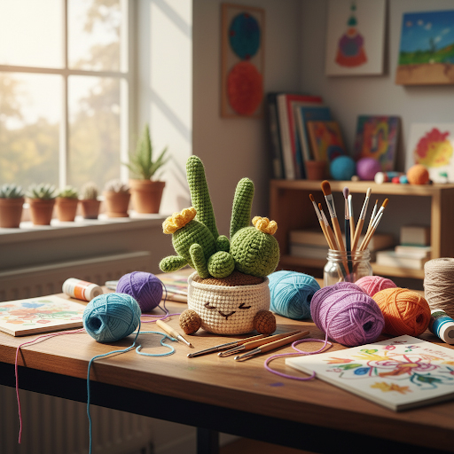 handmade crocheted cactus in pot with yellow flowers handmade crocheted cactus in pot with yellow flowers