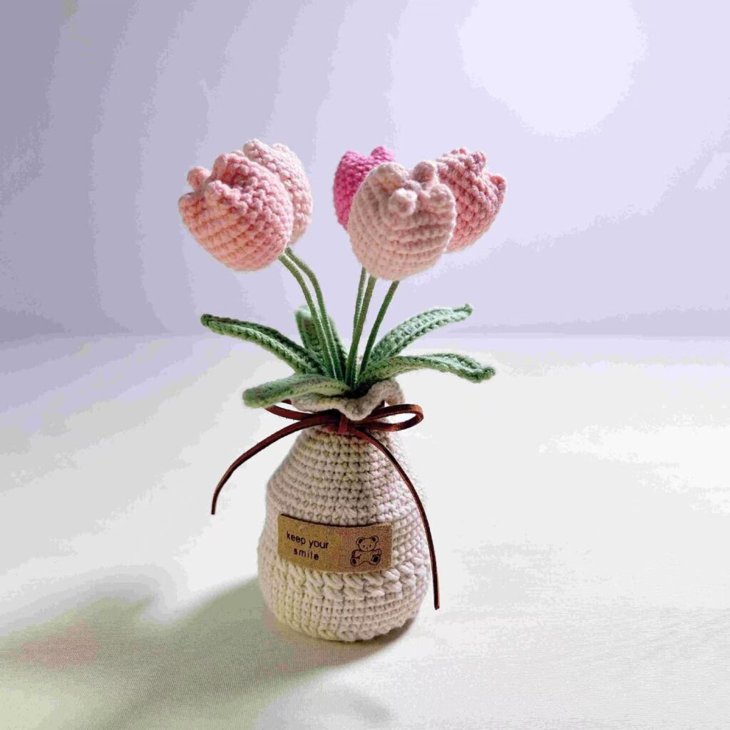 handmade crochet tulip bouquet in crochet pot – multiple colors available