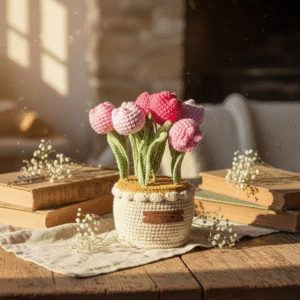 handmade crochet tulip bouquet in knitted pot – pink decorative plush flowers