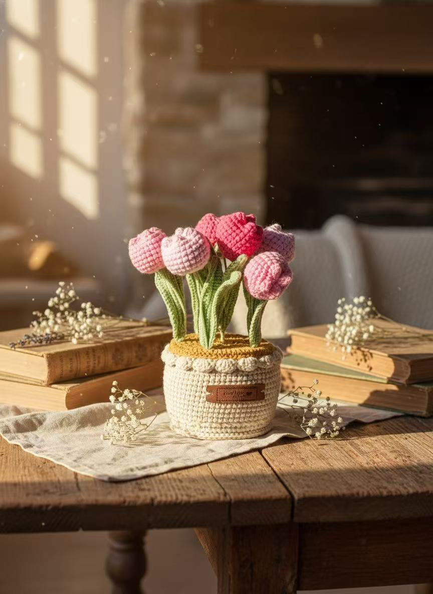 handmade crochet tulip bouquet in knitted pot – pink decorative plush flowers handmade crochet tulip bouquet in knitted pot – pink decorative plush flowers
