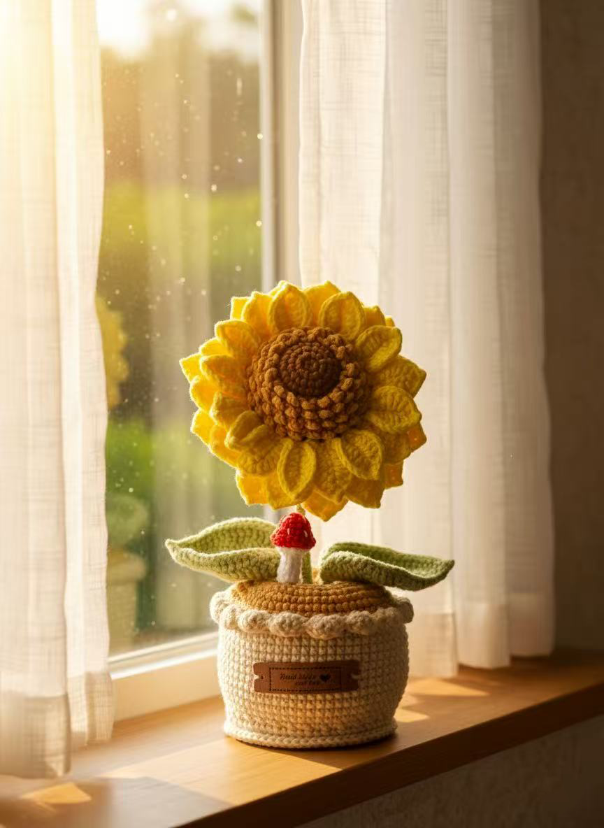handmade crochet sunflower in knitted pot – warm decorative plush flower handmade crochet sunflower in knitted pot – warm decorative plush flower