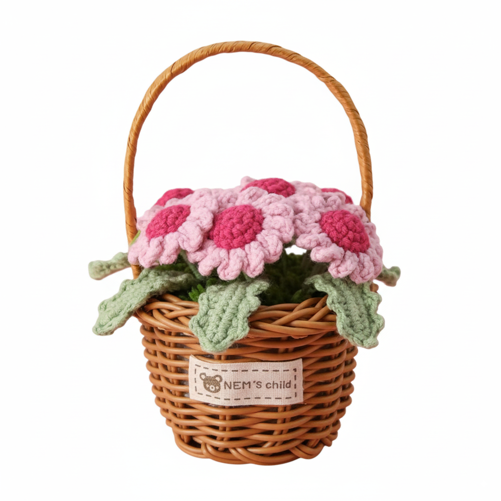 handmade crochet pink daisy flower basket knitted floral home decoration handmade crochet pink daisy flower basket knitted floral home decoration