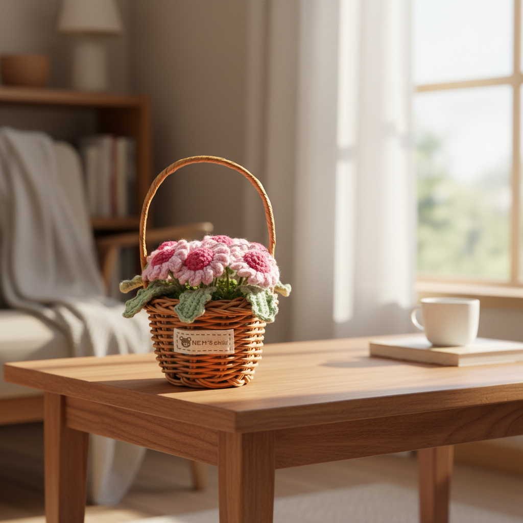 handmade crochet pink daisy flower basket knitted floral home decoration handmade crochet pink daisy flower basket knitted floral home decoration