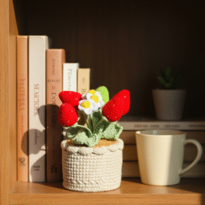 handmade crochet strawberry flower ornament in knitted pot