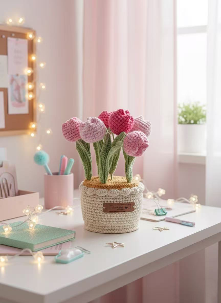 handmade crochet tulip bouquet in knitted pot – pink decorative plush flowers handmade crochet tulip bouquet in knitted pot – pink decorative plush flowers
