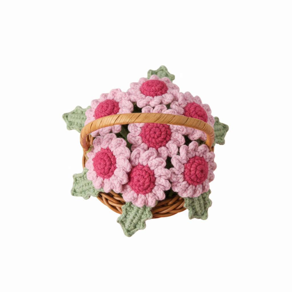 handmade crochet pink daisy flower basket knitted floral home decoration handmade crochet pink daisy flower basket knitted floral home decoration