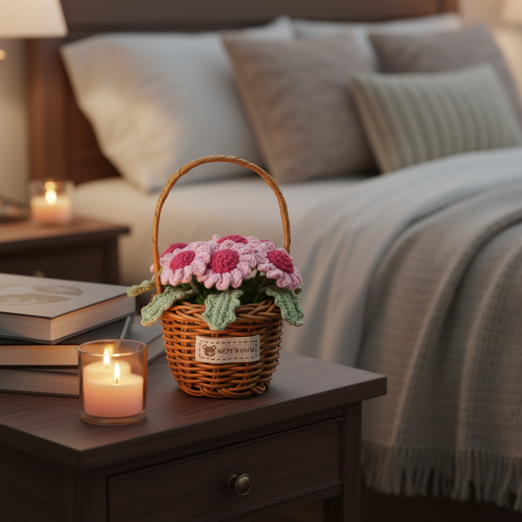 handmade crochet pink daisy flower basket knitted floral home decoration handmade crochet pink daisy flower basket knitted floral home decoration