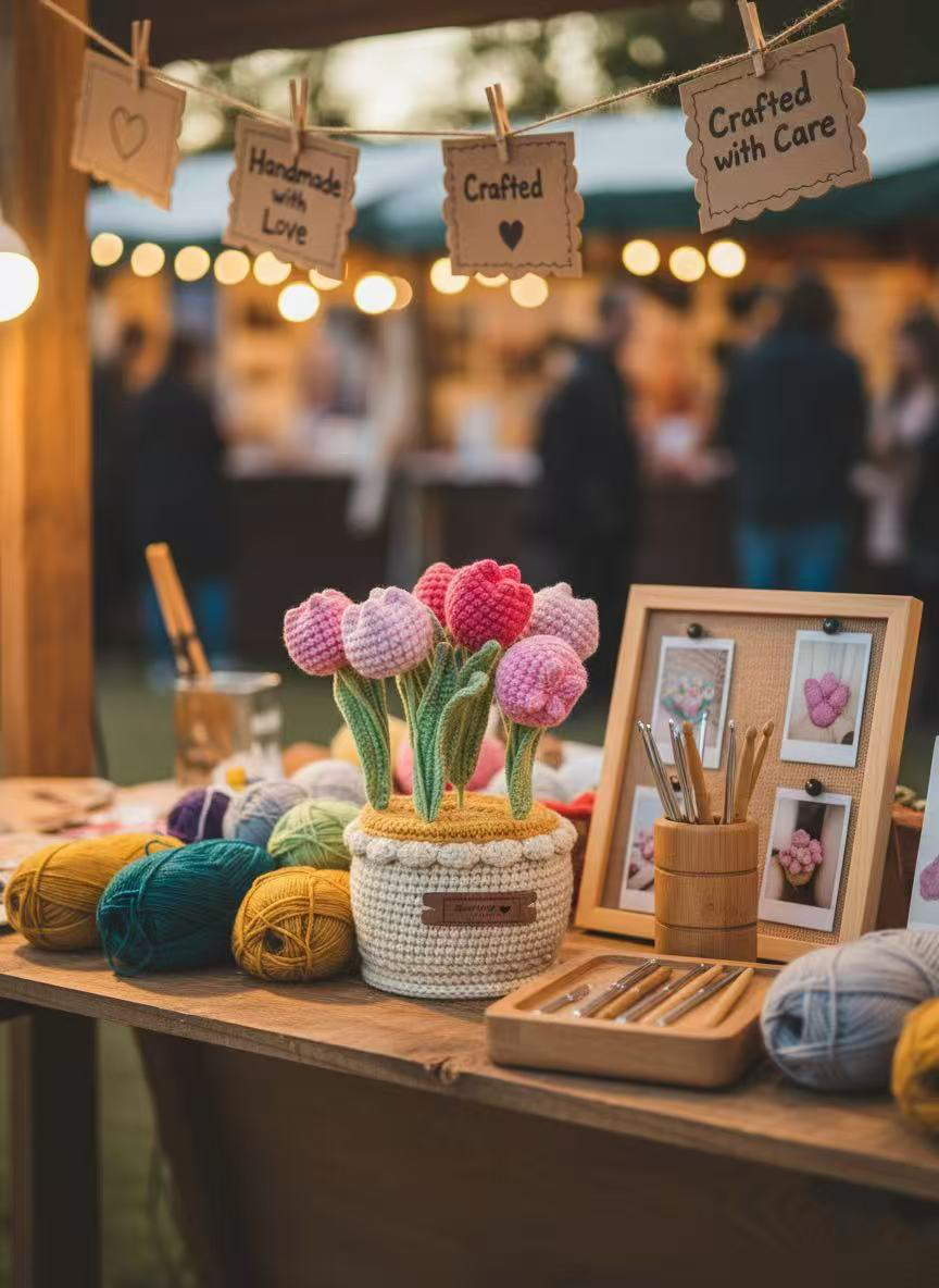handmade crochet tulip bouquet in knitted pot – pink decorative plush flowers handmade crochet tulip bouquet in knitted pot – pink decorative plush flowers