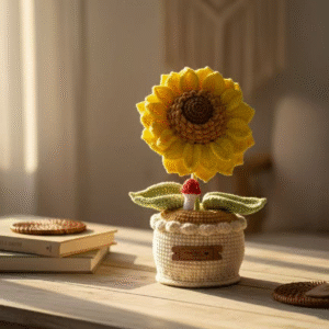 handmade crochet sunflower in knitted pot – warm decorative plush flower