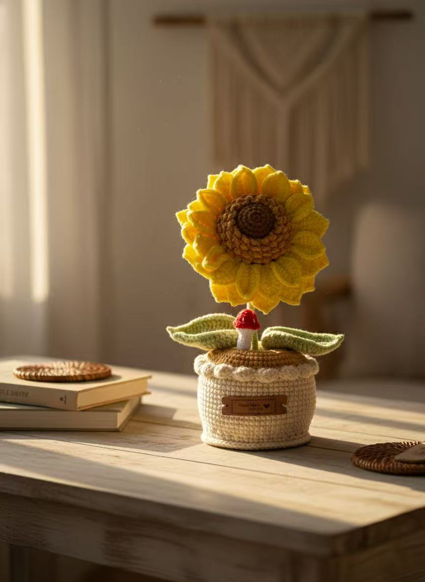 handmade crochet sunflower in knitted pot – warm decorative plush flower handmade crochet sunflower in knitted pot – warm decorative plush flower