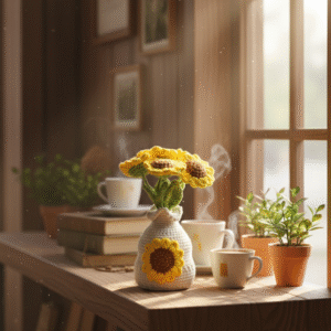 handmade crochet sunflower bouquet in knitted pot – cozy plush floral arrangement