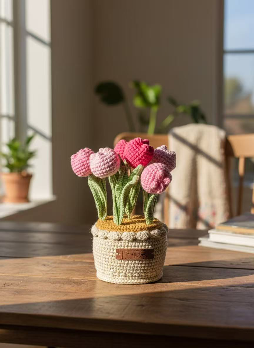 handmade crochet tulip bouquet in knitted pot – pink decorative plush flowers handmade crochet tulip bouquet in knitted pot – pink decorative plush flowers