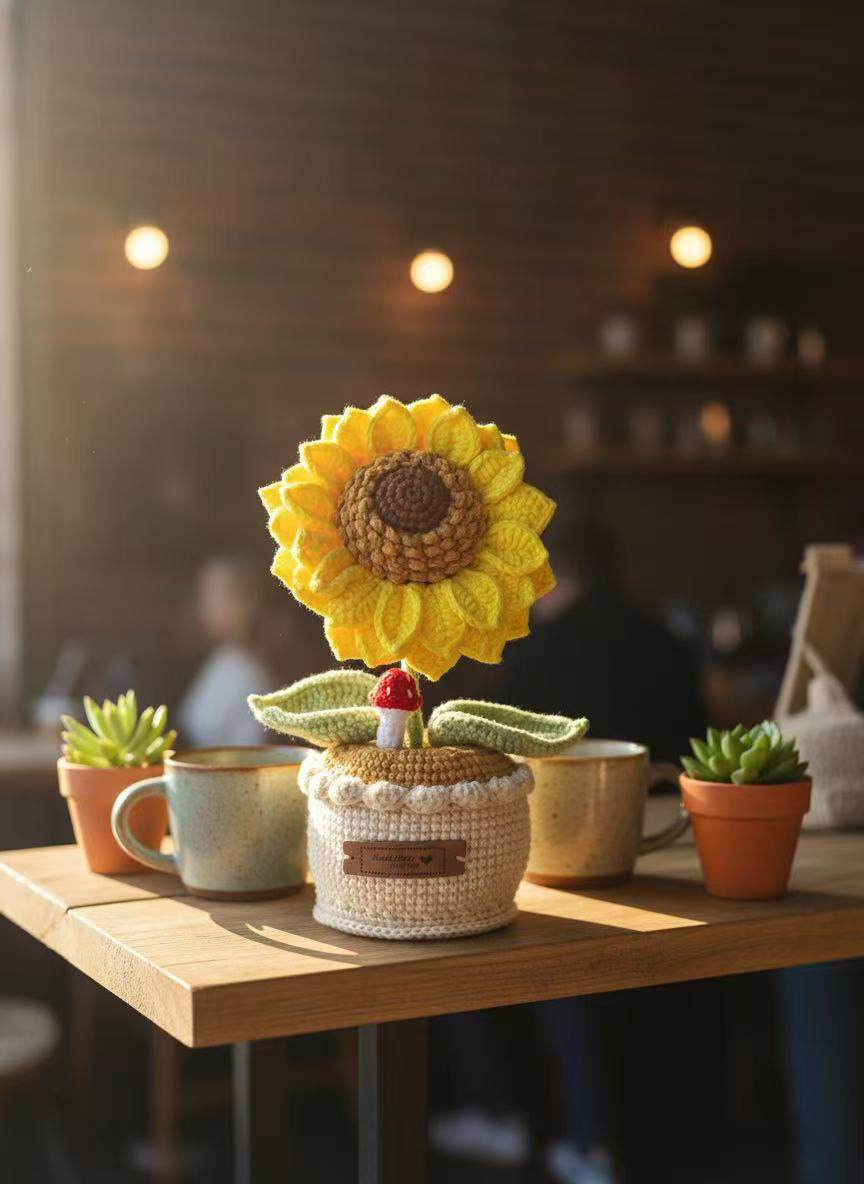handmade crochet sunflower in knitted pot – warm decorative plush flower handmade crochet sunflower in knitted pot – warm decorative plush flower