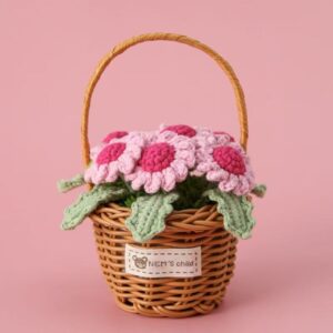 handmade crochet pink daisy flower basket knitted floral home decoration
