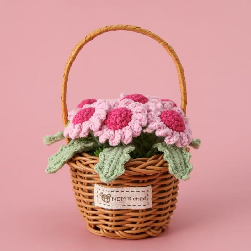 handmade crochet pink daisy flower basket knitted floral home decoration handmade crochet pink daisy flower basket knitted floral home decoration