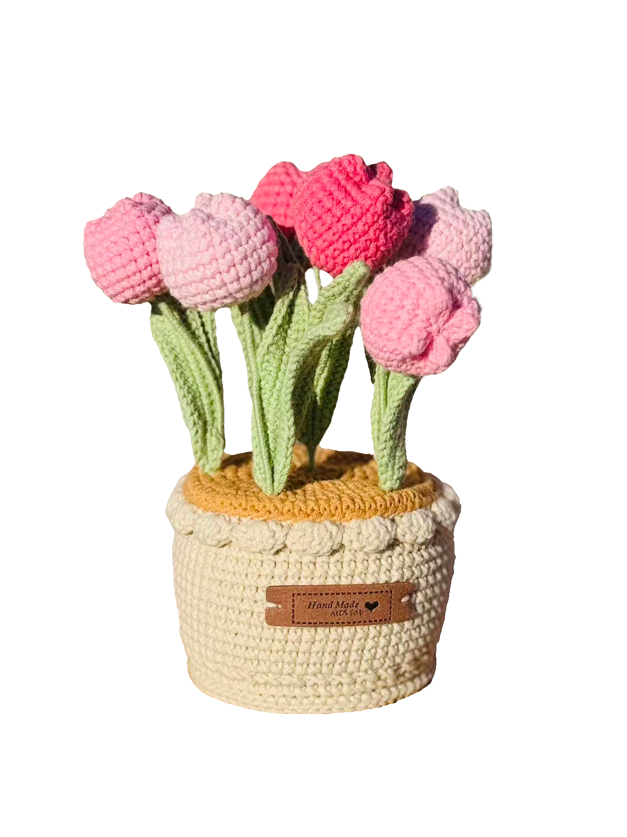handmade crochet tulip bouquet in knitted pot – pink decorative plush flowers handmade crochet tulip bouquet in knitted pot – pink decorative plush flowers