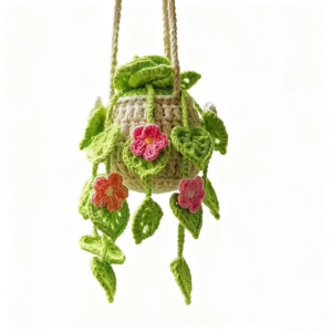 handmade crochet hanging plant basket with colorful flowers knitted home decoration