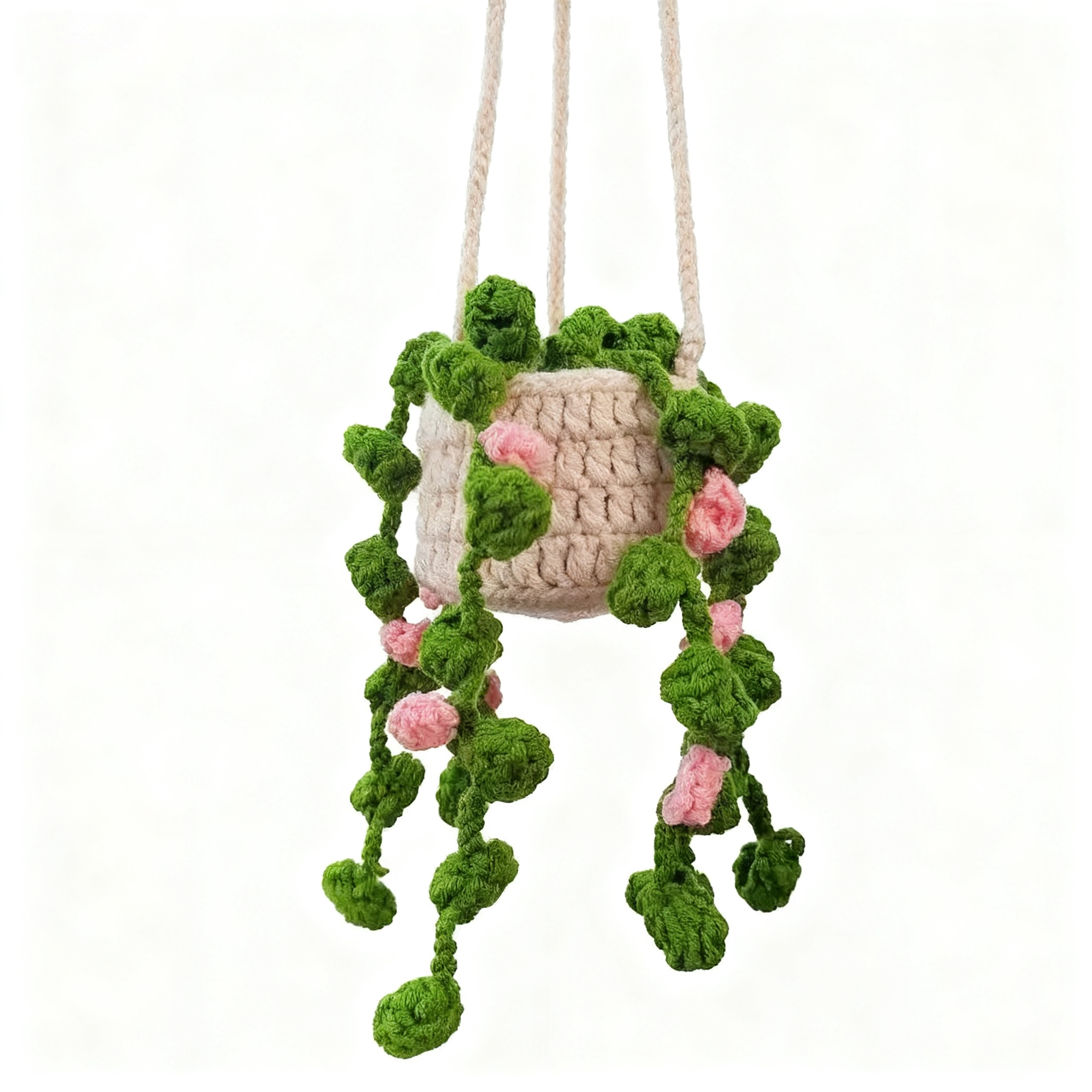 handmade crochet hanging plant basket with pink and green vines handmade crochet hanging plant basket with pink and green vines