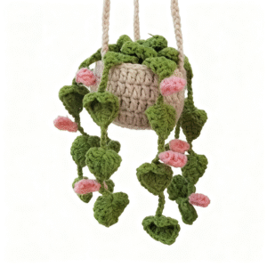 handmade crochet hanging basket with green vines and colorful flowers, perfect for cozy home decoration.